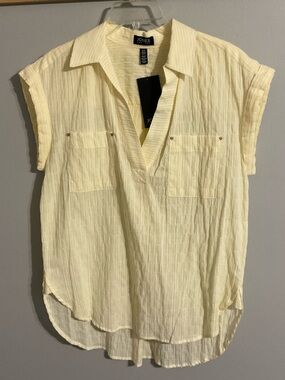 NWT Jones New York Yellow & White Striped V-Neck Blouse Hi-Low Medium